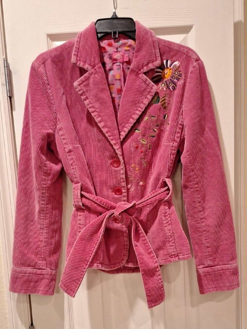 Oilily Pink Corduroy Belted Women's Blazer Jacket with Floral Embroidery - 40